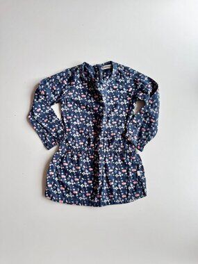 Girl's IMPS & ELFS Navy Blue Floral Cotton Poplin Drop Waist Dress, Size 96/2-3Y